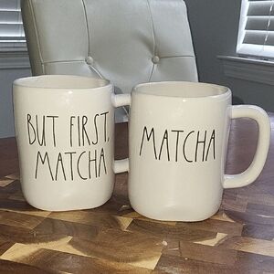 RAE DUNN Cream Ceramic Mug Set - 'But First, Matcha' & "Matcha". 2pcs.